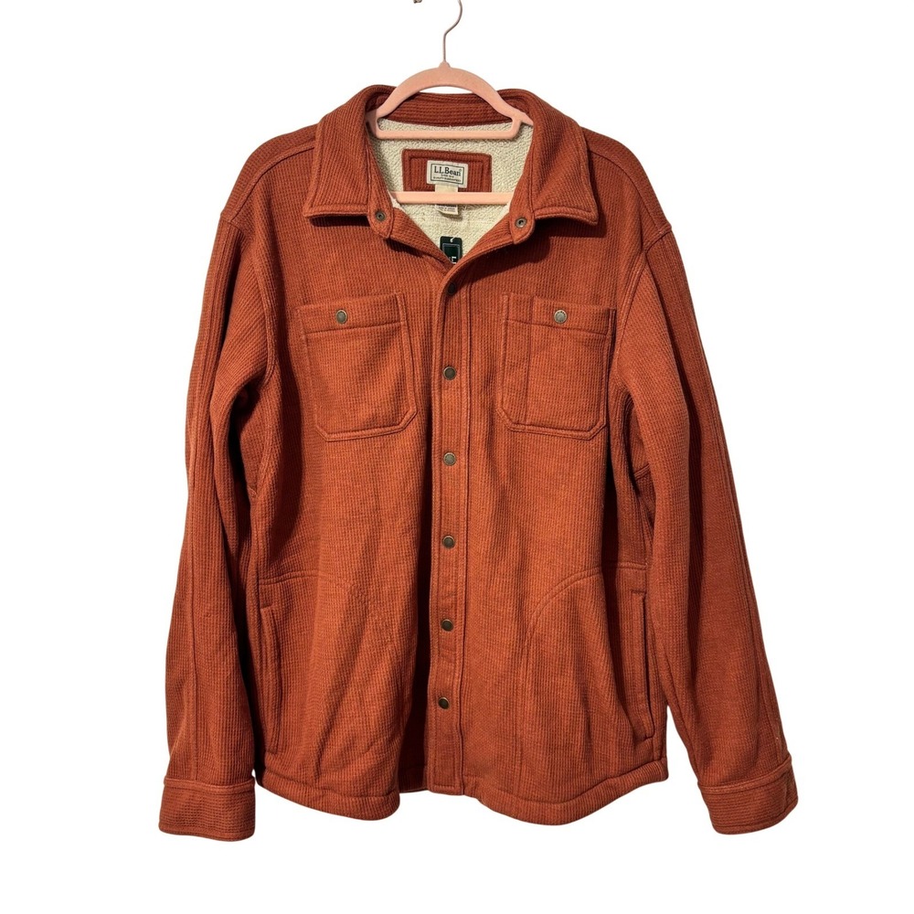 LL Bean Sherpa Lined Fleece Shirt Jacket Men's Large Russet Orange Waffle Knit